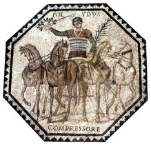 Victorious charioteer Polydus. Mosaic. 3rd century CE